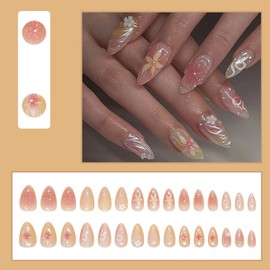 Pink French Tip Press on Nails Short Almond Fake Nails 3D Flower False Nails with Design Pearl on Nails Glossy Artificial Acrylic Nail Full Cover Stick on Nails for Women Manicure 30Pcs