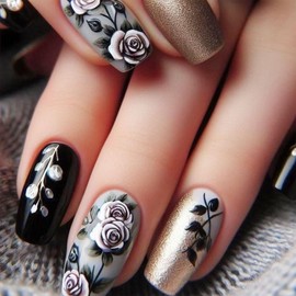 Short Coffin Press on Nails Gold Glitter Fake Nails with White Flower Desingn Leaves Glue on Nails Black Coffin False Nails Acrylic Nails Press ons Artificial Stick on Nails for Women Girls 24Pcs