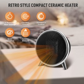 Comfort Zone Electric Retro Design Portable Ceramic Space Heater, Adjustable Thermostat, Overheat Protection, & Safety Tip-Over Switch, Portable for Home, Bedroom & Office Use, 1,500W, CZ485BKB