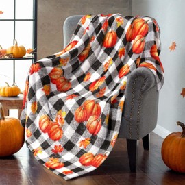 Fall Throw Blanket Pumpkin Leaves Plaid Flannel Blanket for Couch Bed Sofa, Soft Warm Autumn Blanket Fall Decor Cozy Home Atmosphere, 60"x50"