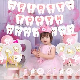 Erste Zahnbanner Ballons Dekorationen, Rosa Erster Zahn Banner Glitzer 1. Zahn Kuchen Topper Cupcake Toppers Latex Ballons Zahn Party Dekorationen für Mädchen 1. Zahn Baby Shower Party Supplies