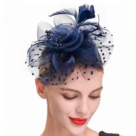 WATEFOER Fascinators Hat for Women Girls Tea Party Headband Flower Cocktail Mesh Feathers Kentucky Derby Hat for Wedding Party Church, navy