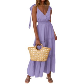 PRETTYGARDEN Casual Tie Strap Tiered Maxi Dress Cross V Neck Summer Dresses for Women 2023 Beach Sleeveless Holiday Dress (Purple,X-Large)