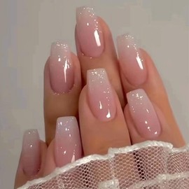 IQXGE Coffin Acrylic Press on Nails Medium Square Acrylic Nails Press Ons Full Cover Glue on Fake Nail with Bling Glitter Designs Pink Ombre Artificial Stick on False Nail for Women and Girls