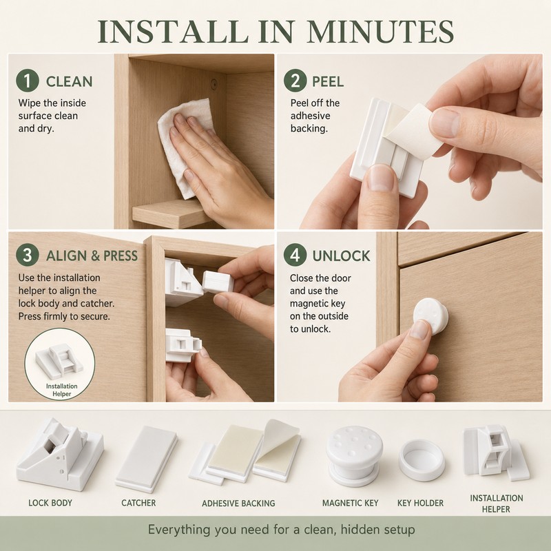 Magnetic Child Safety Cabinet Locks with Adhesive Drawer Latches