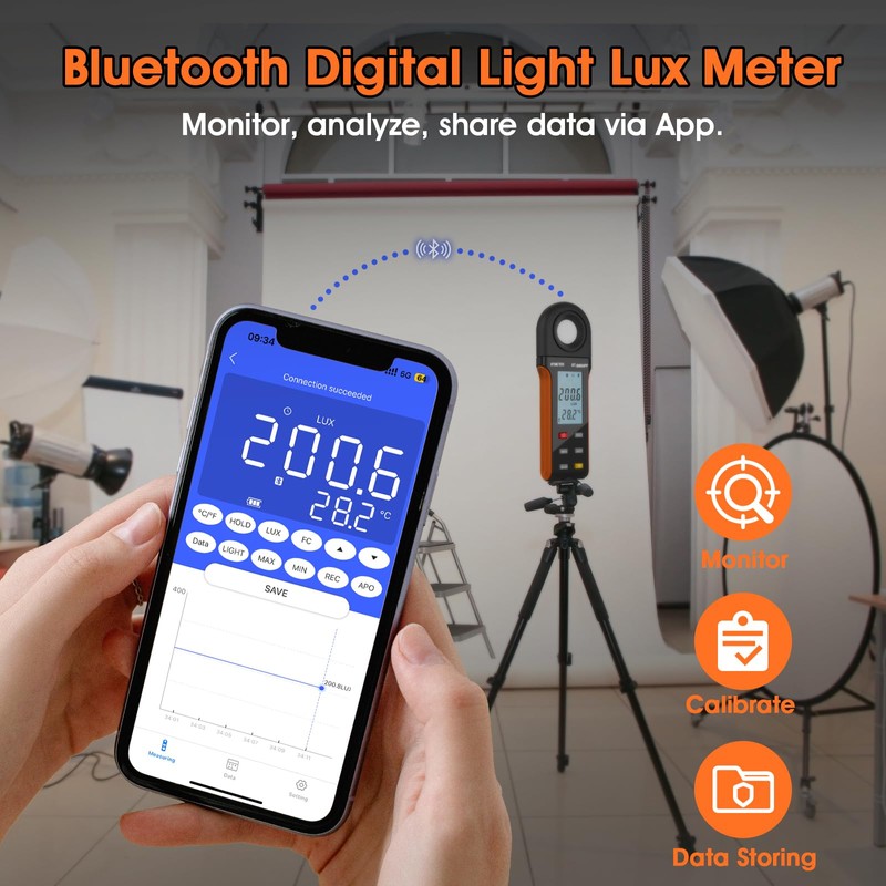 BTMETER Illuminance Light Meter w/Bluetooth - Digital Lumen Tester Measure
