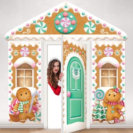 SmoothNovelty 4 Unidades Decoraciones para Puerta con Forma de Casita de Jengibre Navideña Fondo Navideño de Casita de Jengibre, Banderines de Dulces para Puerta(Cute)