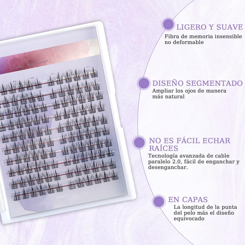 Extensiones de Pestañas Segmentadas 120 Racimos de Pestañas 9-12mm Rizo