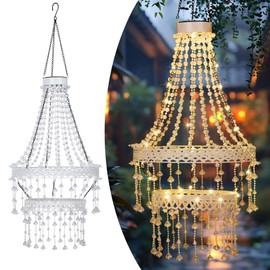Hanging Solar Light Lantern Outdoor with Warm Crystal Chandelier Double Modern Crystal Acrylic Framework Waterproof Garden Decorative Lights for Gazebo,Yard,Patio,Party,Room