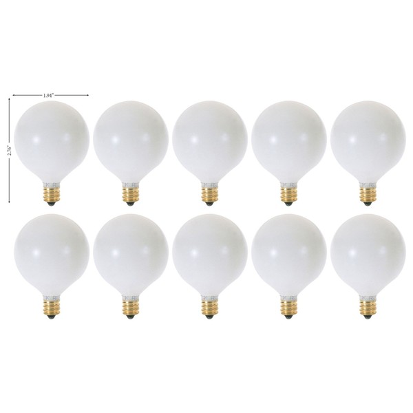 (Pack of 10) G16.5 White Finsh Decorative (E12) Candelabra Base Globe Shape Incandescent 120V G16 1/2 Light Bulbs (25)