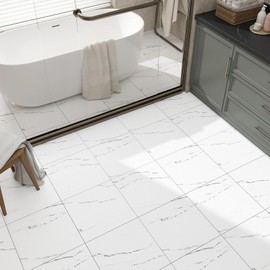 FunStick 15 Pcs White Marble Peel and Stick Floor Tiles - Waterproof 12x12 in Vinyl Flooring for Bathroom and Kitchen