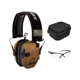 Walker's Razor Slim Patriot Electronic Ear Muff (Battle Brown) Bundle with Shooting Glasses and Hard Case (3 Items)