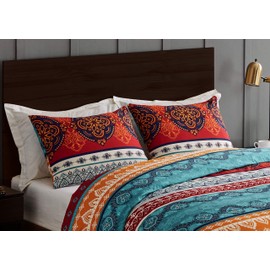 Boho Mandala Bohemian Chic Set of 2 Pillow Cases Standard Queen Pillowcase Sham Cover Set for Bed Red Teal Blue Orange Indian Patterned Turquoise Decorative Accent College Dorm Teen Home Room Décor