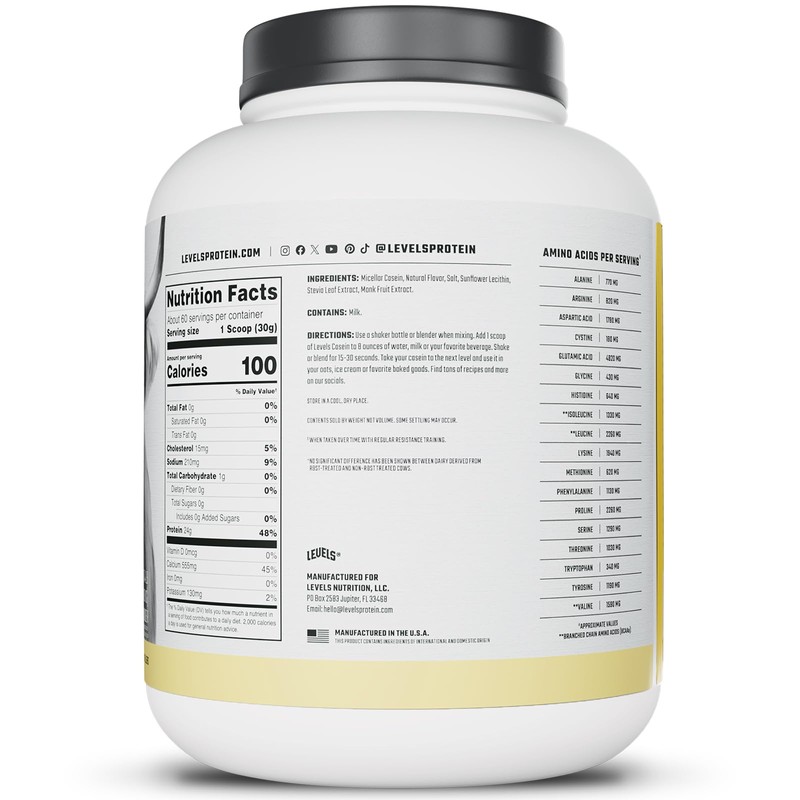 Levels 100% Micellar Casein Protein, Hormone Free, Vanilla Bean, 4LB