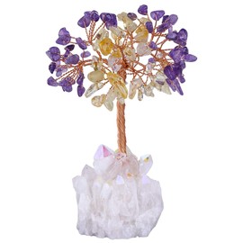 Nupuyai Amethyst and Citrine Tumbled Stones Crystal Money Tree Copper Wrapped on White AB Titanium Coated Crystal Base Figurine Decor for Wealth and Luck 4.5-5.5 Inches
