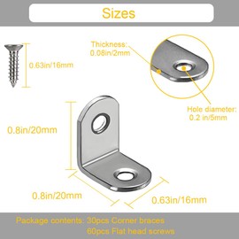 30Pcs L Bracket Right Angle Corner Braces, Stainless Steel 20x20mm Small Shelf Bracket for Wood, Shelves, Cabinet, Wall Hanging Support 90 Degree Joint Right Angle Brackets with Screws
