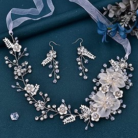 ULAPAN Diademas de boda, tocados de novia, enredaderas para el cabello con diamantes de imitación y cristales plateados, accesorios para el cabello para mujer (diadema y pendientes)