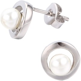 EYS JEWELRY Women's Stud Earrings Ring Polished Stainless Steel Glass Pearl White 9 mm Women's Earrings in Jewellery Case, Stainless Steel, Glass