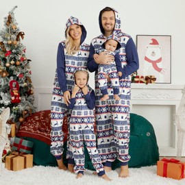 Mumetaz Matching Family Christmas Pajamas Sets Christmas Onesies Pajamas for Family Christmas Sleepwear Zipper Hoodie Jumpsuit 12-24M Blue White