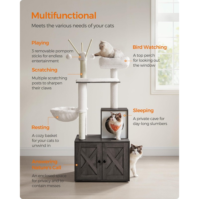 Feandrea Cat Tree with Litter Box Enclosure, 2-in-1 Modern Cat