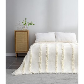 Ultra Soft Pre-Washed Quilted Boho Cream Queen Size Blankets for Bed, Ruffle Fringed Decorative Throw, Stone Washed Chic Rustic Blanket for Sofa Couch Bed, 90"*90"