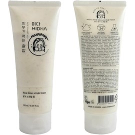 MIDHA- ESPUMA EXFOLIANTE DE SALVADO DE ARROZ 150 ml Limpiador y exfoliante facial suave con cáscara de arroz finamente molida y agua de arroz