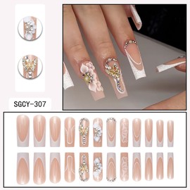 FIEONCIY Press on Nails Coffin Long Length Acrylic Glossy Full Cover Square Shaped French False Nails with Designs Artificial Extra Long Fake Nails with Charms Glue ons Fingernails for Women(SGCY307)