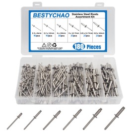 BESTYCHAO 180Pcs Blind Rivets Kit, Stainless Steel Pop Rivets 6 Sizes Rivet Assortment Kit 3.2mm 4mm 4.8mm