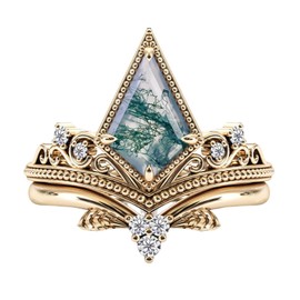 Natural Moss Agate Rings Set for Women Yellow Gold Plated Sterling Silver Kite Cut Moss Agate Engagement Ring Wedding Solitaire Ring for Women Wife Moss Agate Bridal Set Size 4.5