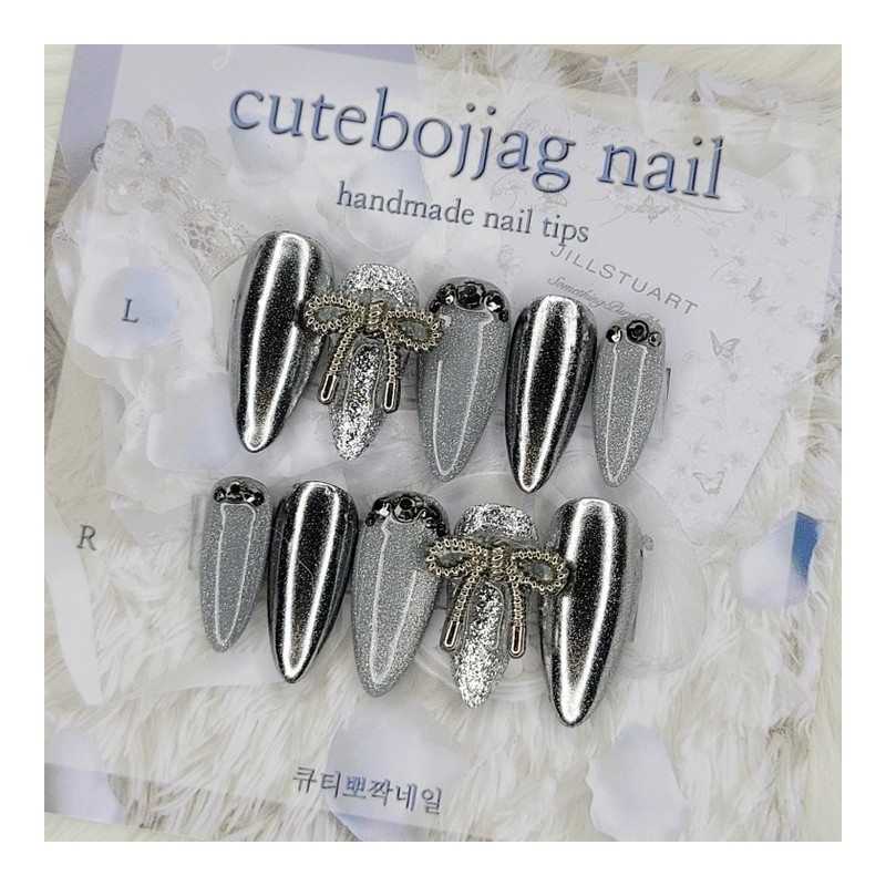 Metallic Silver Handmade Nail Tips - Oval S / 메탈릭