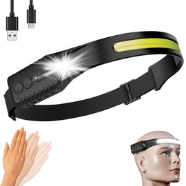 Faro LED recargable, COB230°, faros delanteros de haz ancho, 5 modos de faros ligeros con sensores de movimiento, faros de carga USB tipo C, adecuados para correr de noche, pesca nocturna, ciclismo, campamento