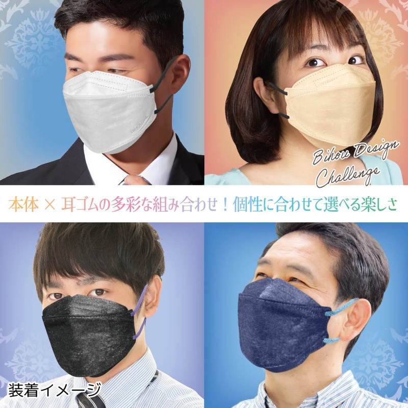 【ビホウマスク 安心の日本製 4層構造 国産高機能フィルタをダブル使用! 頬まで覆うワイドサイズで身体の大きな方にもおすすめ! 本体×耳ゴムの組み合わせで多彩なバリエーション! 個性に合わせて選べる楽しさ】3D立体型やさしいマスク カラフルタイプ (ネイビー×ブラック) ワイドサイズ
