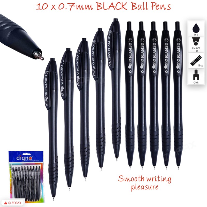 DIGNO Retractable Ballpoint Pens, BLACK, Fine Point (0.7mm), Pack of