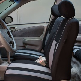 FH Group Striking Striped Car Seat Covers Full Set , Airbag and Split Ready with Carpet Floor Mats – Universal Fit for Cars Trucks & SUVs- Gray / Black