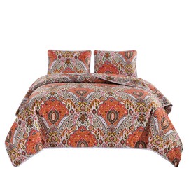 Masterplay 3-Piece Fine Printed (104 inch X 90 inch ) Quilt Set,Bedspread Coverlet King Size Bed Cover (Orange,Green,Multi-Color Medallion)