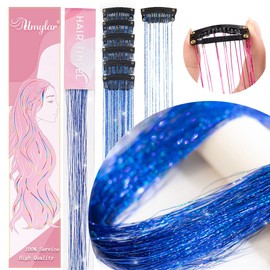 Hair Tinsel Pack of 12 Pcs Clip in Hair Tinsel 20 Inch Glitter Tinsel Hair Extensions, Festival Gift Tinsel Fairy Hair Extension Party Dazzle Hair Accessories Strands Kit (12Pcs,Blue#)