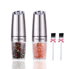 VANPIN Electric Pepper and Salt Grinder Set, Adjustable Coarseness, Battery Powered with LED Light, One Hand Automatic Operation, Stainless Steel Sliver, 2 Pack