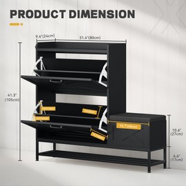 DWVO Farmhouse Shoe Cabinet Bench with 2 Flip Drawers for 16 Pairs, Chic Entryway Bench and Rustic Design for Living Rooms and Hallways (Black)