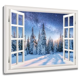 HVEST Winter Scene Wall Art Christmas Tree Snowy Pine Tree Forest Starry Night Window Canvas Wall Art Winter Nature Landscape Wall Art for Living Room Bedroom Decor Ready to Hang, 12Lx16W Inches