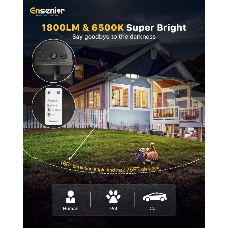 Ensenior 5 Motion Sensor Modes Solar Security Light, 1800LM 270°