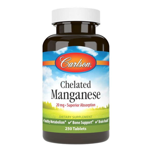 Carlson - Chelated Manganese, 20 mg - Superior Absorption, Healthy Metabolism, Bone Support & Brain Health, 250 Tablets