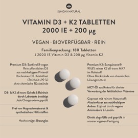 SUNDAY NATURAL® Vitamin D3 K2 Tablets - 99.8% All-Trans MK-7 & 2,000 IU Vitamin D - 180 Tablets - Vegan, High Dose - No Unnecessary Additives - Laboratory Tested in Germany - Perfect for Sharing