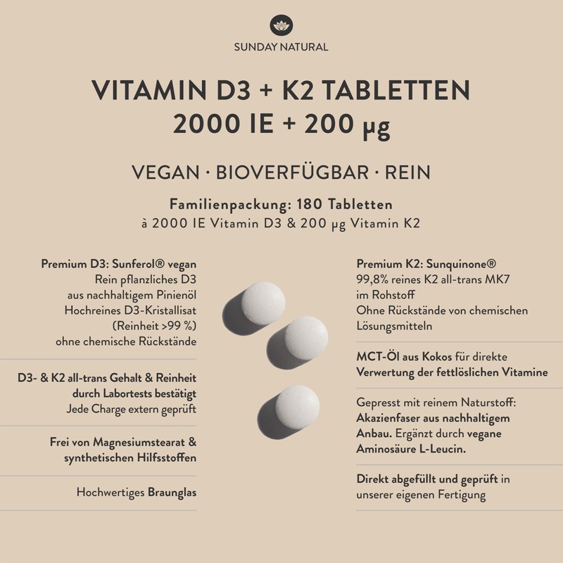 SUNDAY NATURAL® Vitamin D3 K2 Tablets - 99.8% All-Trans MK-7