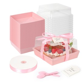 7 x 7 x 4 Inches Paper Cake Boxes with Clear Lids, 50 Pack Pink Large Charcuterie Square Food Containers, Mother's Day Disposable Bakery Boxes for 4-6 Inch Bundt Cake, Pie, Dessert