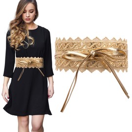 Trimming Shop Women's Waist Belt Hollow Lace Obi Belt Bow Tie Wrap Around PU Leather Cinch Bowknot Waistband for Wedding Dresses Daily Wear 100mm Wide Bow Waistband Gold, gold
