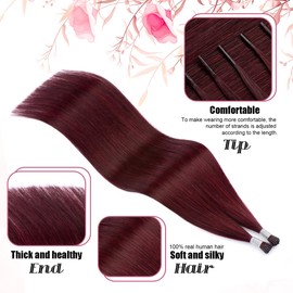 Kun Na I Tip Hair Extensions 50 Strands Pre Bonded Stick Tip Keratin Real Remy Human Hair Extension 50g/pack Burgundy Hair Straight (#99J, 18 inch)
