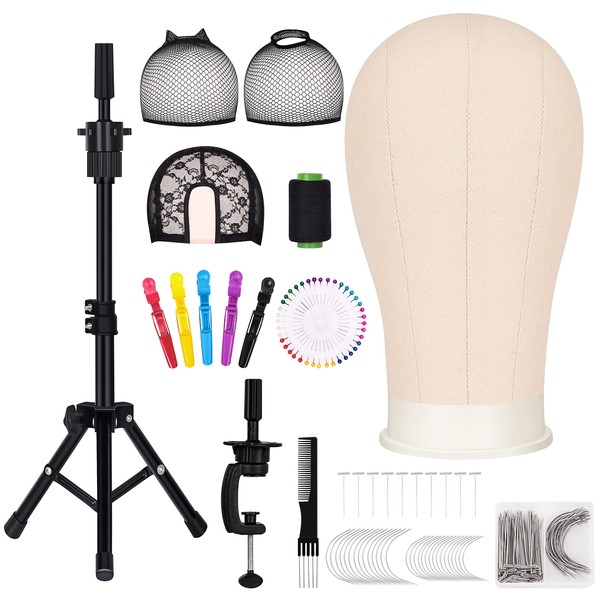 TopDirect 22 Inch Canvas Wig Head Stand, Wig Stand Tripod with Head, Mannequin Head for Wigs, Manikin Canvas Block Head Set Making Display with Wig caps, T Pins Set Bristle Brush