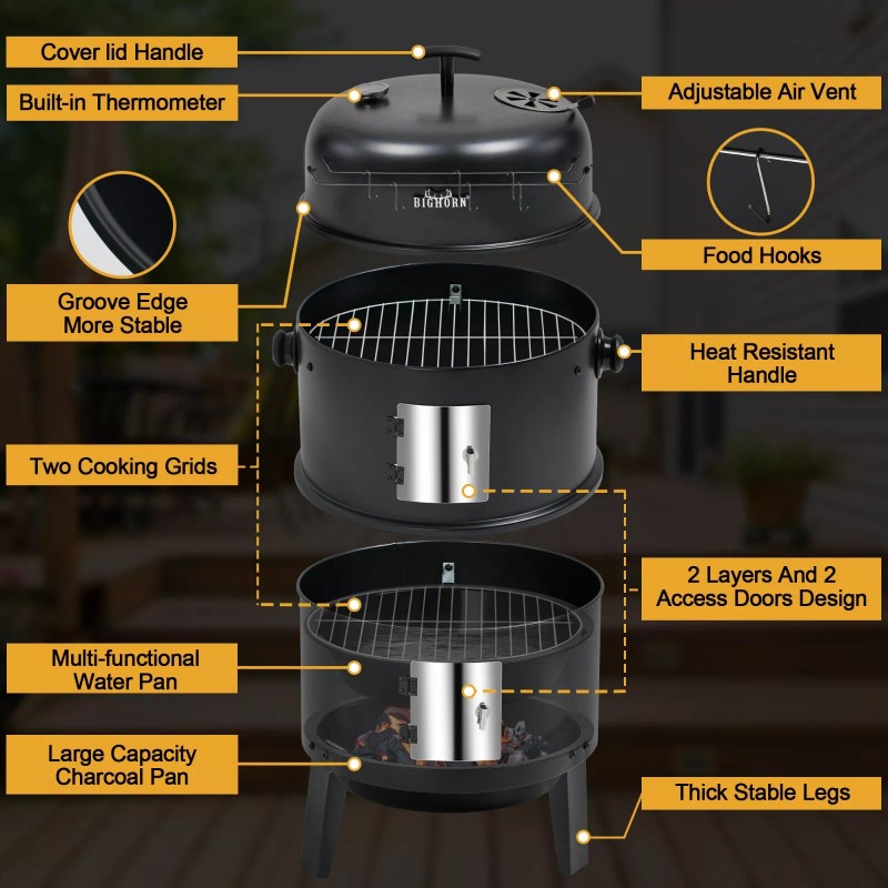 BIG HORN OUTDOORS Charcoal Smoker Grill Wood Smoker Grills Outdoor