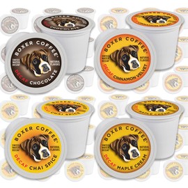 Boxer Coffee 48 Count Swiss Water Process Decaffeinated Decaf Naturally Flavored Variety Pack Sampler Single-Serve Cups Pods Specialty Grade gourmet artisan coffee