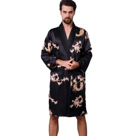 Haseil Men's Satin Robe Dragon Luxurious Silk Spa Long Sleeve House Kimono Bathrobe, Black1, Tagsize5XL=Ussize3XL